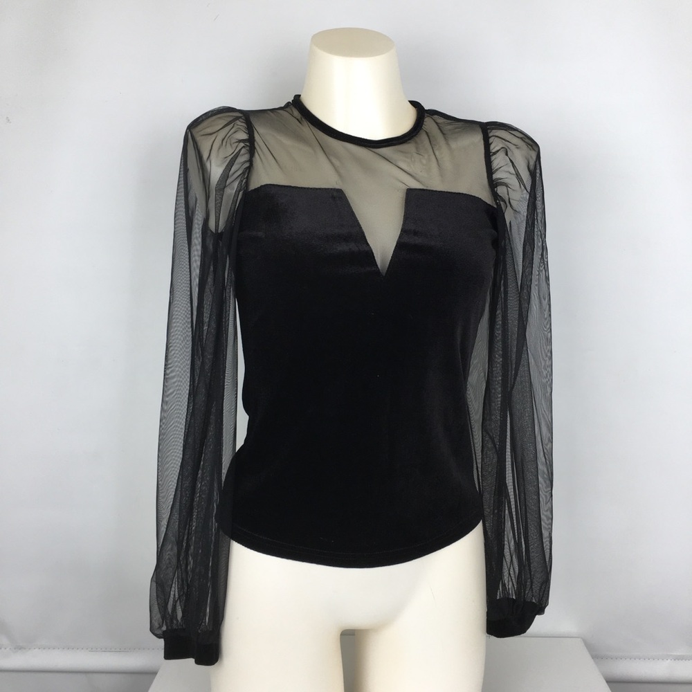 Sexy Y2K Gothic Velour Mesh Top Black Women’s Size M Whimsigoth Long Sleeve